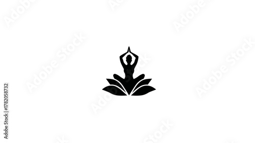 Minimalist black silhouette of a meditating person in lotus pose on a lotus flower, symbolizing yoga, peace, and wellness.