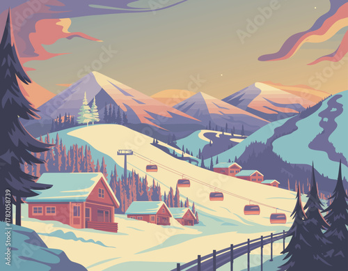 Retro Ski Vacation Vintage Poster Featuring Skiers, Mountains, and Old Chairlift.
