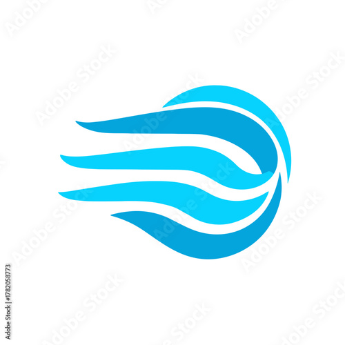 Dynamic abstract blue wave lines flowing right, representing motion, speed, air, or water energy concept graphic.