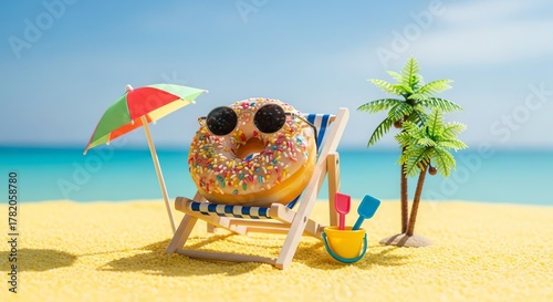 Funny donut with sunglasses relaxing on a beach chair near a palm tree, enjoying a summer vacation with a blue sea background