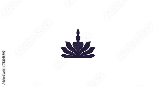 Minimalist graphic of a person meditating in a lotus pose atop a stylized lotus flower, symbolizing peace, mindfulness, and spiritual wellness.