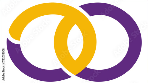 Abstract interlocking rings symbol in vibrant purple and golden yellow, representing connection, partnership, and infinity concept