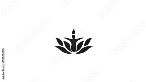 Stylized meditation figure on lotus flower icon, symbolizing yoga, wellness, mindfulness, peace, and spiritual harmony