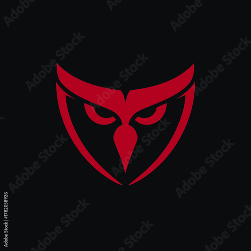 Modern Stylized Red Owl Head Logo Icon on Black Background. Minimalist Vector Emblem Representing Wisdom and Vision.