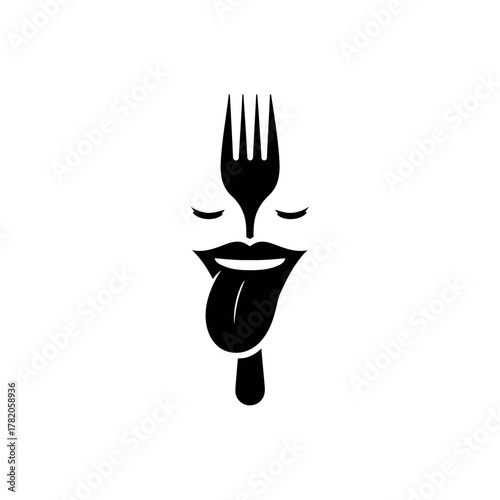 Minimalist black and white graphic of a stylized face with a fork as a nose and a long tongue, symbolizing taste, appetite, and culinary delight.