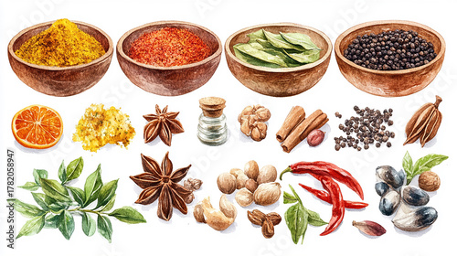 Fototapeta Naklejka Na Ścianę i Meble -  A collection of various spices and herbs including red chili peppers, cinnamon sticks, star anise, bay leaves, and different spice powders