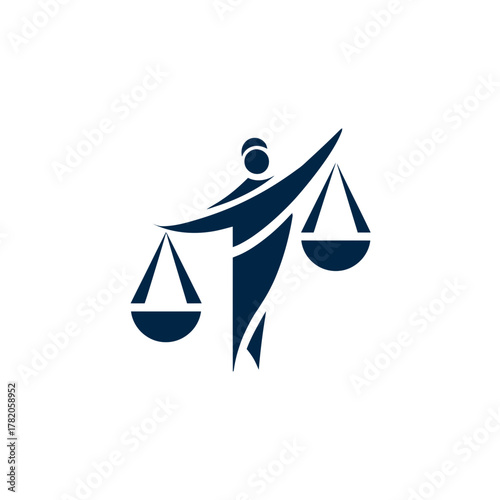 Modern abstract symbol of justice and law, featuring a stylized figure holding scales. Concept of legal balance and equality icon.