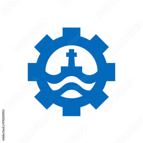 Blue gear icon featuring a lighthouse above wavy water, symbolizing maritime industry, engineering, guidance, and technological progress.