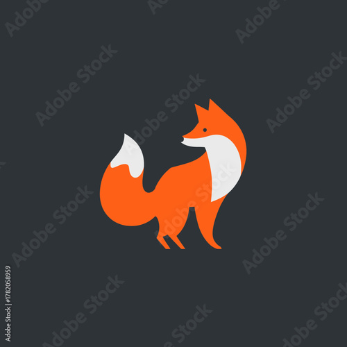 Stylish minimalist orange fox illustration. Modern flat design vector art of a standing wild animal with white tail and chest.