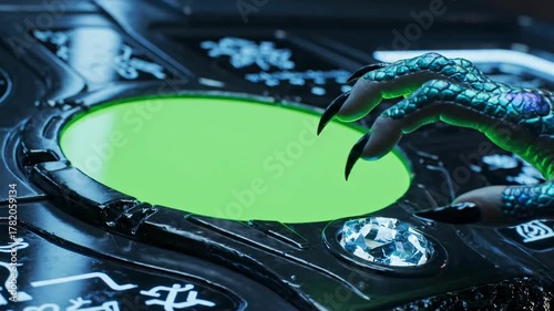 Alien Technology Activation - A Close-Up of Scaled Hand on Glowing Interface.