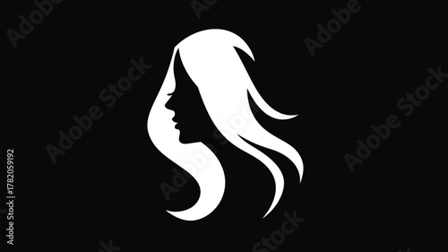 Elegant white silhouette of a woman's face and flowing long hair against a stark black background, minimalist profile graphic