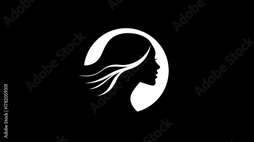 Elegant woman silhouette in profile with flowing hair on a circular white background. Minimalist graphic design concept.