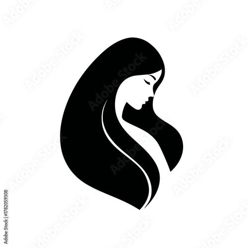 Elegant woman silhouette with long flowing hair, side profile, minimalist graphic design, representing beauty, grace, and femininity.