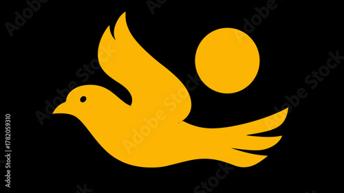 Minimalist golden yellow flying bird and sun graphic illustration on a dark black background, symbolizing freedom and hope.