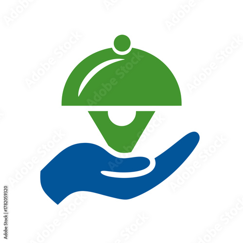 Food service delivery icon with hand holding green cloche. Restaurant catering, meal preparation, and hospitality symbol.