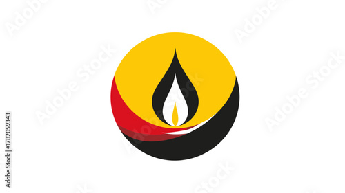 Vibrant abstract flame icon in a black, yellow, and red circle. Modern graphic symbol of energy, light, and power.