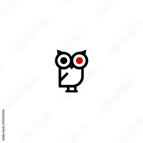 Minimalist line art owl icon with red and black eyes on a white background, stylized vector graphic illustration of a nocturnal bird symbol