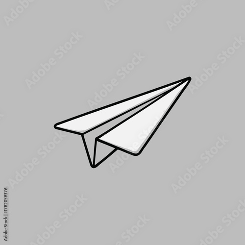 Simple paper airplane icon illustration on a grey background. Minimalist graphic symbol for message, send, communication, or flight concept.