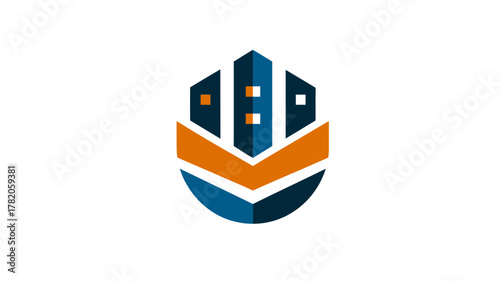 Modern abstract cityscape logo icon with stylized buildings in blue and orange, representing urban development and real estate growth