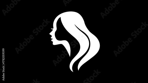 Elegant white silhouette of a woman's profile with long, flowing hair on a black background, minimalist graphic design element