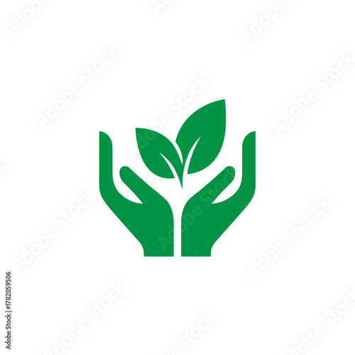 Vibrant green hands gently cupping a small young plant with leaves, symbolizing nature care, eco-friendly growth, and environmental sustainability icon.