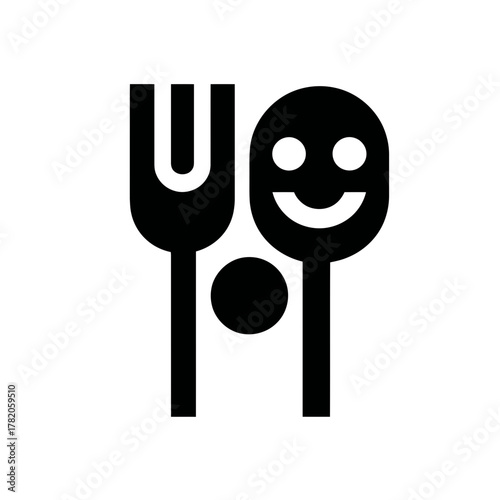 Cute smiling spoon, fork, and food icon for restaurant, dining, healthy eating, or happy meal concept