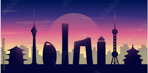 Beijing, China skyline silhouette. Cityscape with famous landmarks, city sights