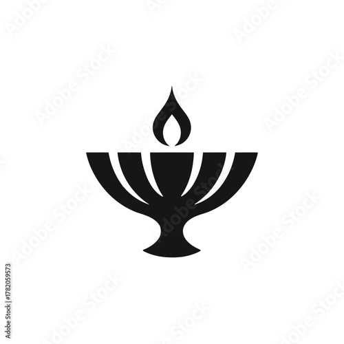 Stylized seven-branched menorah icon with a single flame. Black and white graphic symbol representing light and tradition.