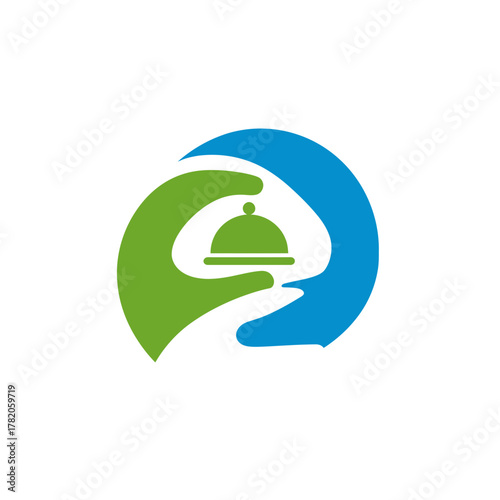 Caring hands holding meal cloche, symbolizing food service, delivery, catering, restaurant, or culinary support logo icon