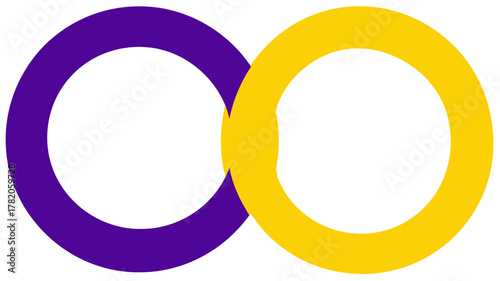 Abstract graphic design featuring two interlocking rings, one vibrant purple and one bright yellow, symbolizing connection, unity, and endless partnership on a white background.