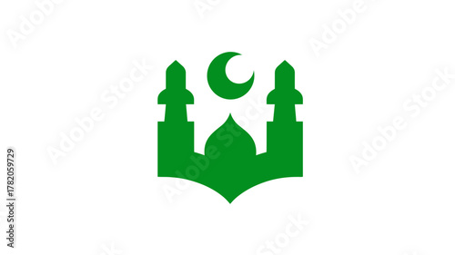 Green mosque icon with crescent moon. Islamic symbol of worship, spirituality, and faith on a white background.