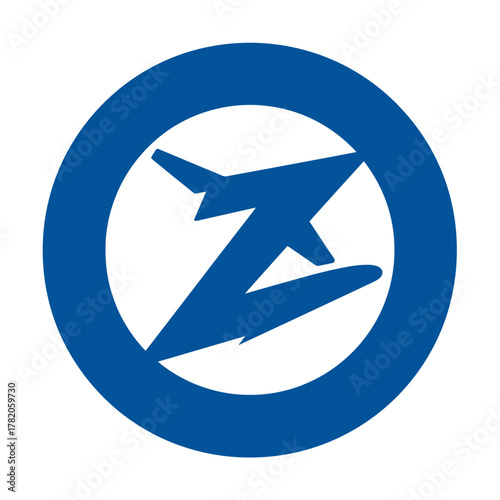 Modern blue circular logo with abstract airplane symbol for travel, aviation, flight, or transport business icon design