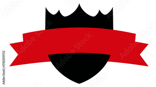 Regal black crown with a blank red ribbon banner and a matching black shield emblem, symbolizing quality, achievement, and prestige.