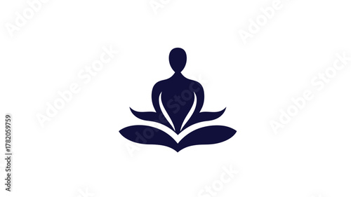 Abstract meditation person in lotus pose with stylized flower base. Graphic icon for yoga, mindfulness, and wellness design.