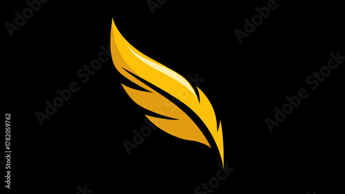 Stylized golden feather design element on black, elegant metallic texture, luxury concept icon or logo component.