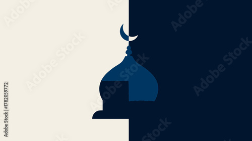 Minimalist mosque dome and crescent moon icon on a split light and dark background, representing Islamic faith and culture