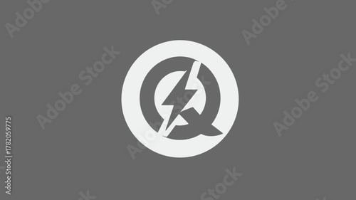 Modern abstract graphic icon with a stylized letter Q and lightning bolt symbol on a solid grey background. Concept of speed, power, and quickness.