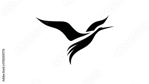 Abstract black silhouette of a graceful bird in flight. Minimalist and elegant graphic design element, perfect for logos or icons.