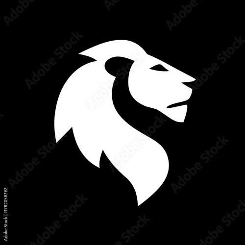Majestic white lion head silhouette against a black background, representing strength, power, leadership, and nobility. Graphic.