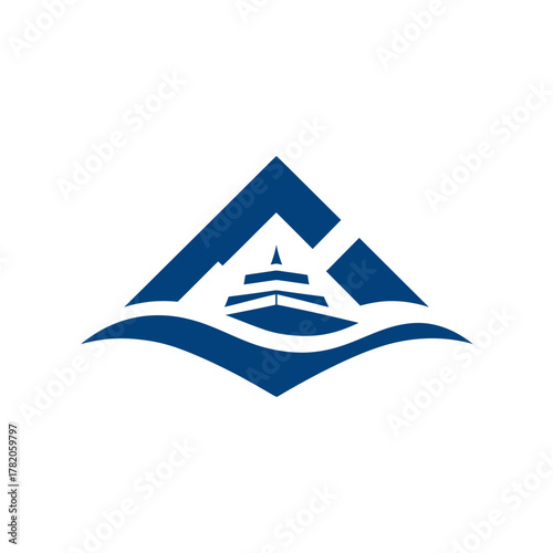 Modern blue vector logo with a ship, waves, and abstract mountain peaks, symbolizing ocean travel, adventure, and maritime services.