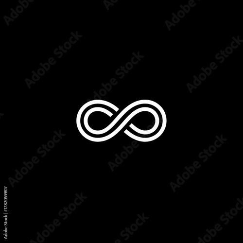 Minimalist white infinity symbol on a black background representing eternity, endless possibilities, limitless future, and constant motion.