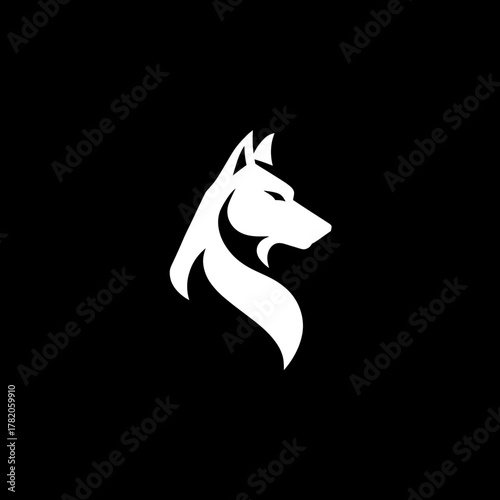 Elegant white wolf head silhouette on a black background, representing strength, wildness, and intelligence. Modern minimalist vector graphic.