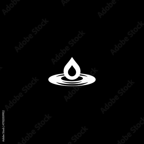 White water drop icon with ripples on black. Symbol of purity, hydration, clean liquid, environment, spa, and wellness.