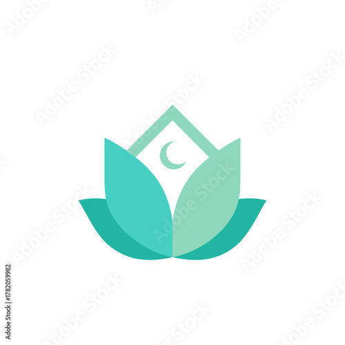 Minimalist teal lotus flower logo with house and crescent moon symbol, representing peace, home, wellness, and serenity