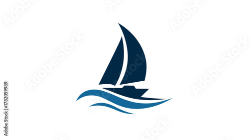 Sleek minimalist sailboat icon cruising on blue ocean waves. Abstract graphic design for maritime, travel, and navigation concepts.