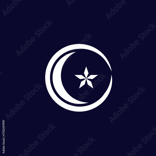 Elegant white crescent moon and star symbol on dark blue background, representing spirituality, faith, and religious observance.