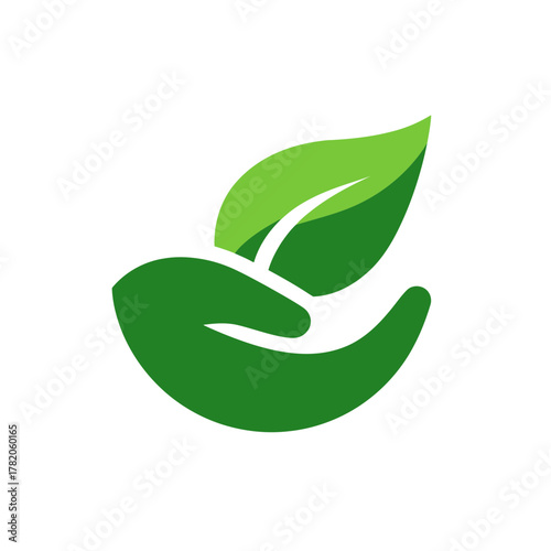 Green hand gently cradling a fresh green leaf, symbolizing nature care, environmental protection, growth, and sustainability concept.