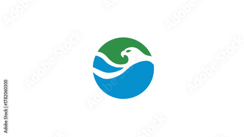 Abstract eagle head logo with green land/sky and blue water waves in a circular emblem, symbolizing nature, strength, and fluidity.