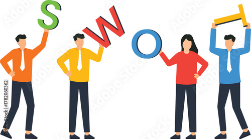 SWOT analysis business team holding letters for strategic planning. Corporate teamwork evaluating strengths weaknesses opportunities and threats for marketing strategy.