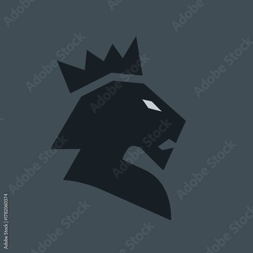 Majestic geometric lion head wearing a royal crown vector illustration. Modern king animal icon for design concept.